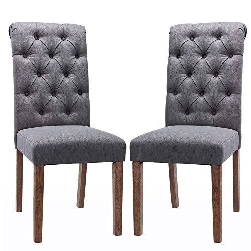 COLAMY Button Tufted Dining Chairs Set of 2, Parsons Upholstered Fabric Dining Room Chairs Kitchen Chairs with Wood Legs and Padded Seat, Dark Grey - color: Dark Grey, size: set of 2