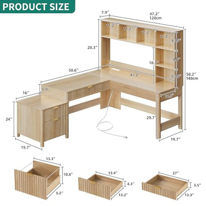 YITAHOME L Shaped Desk with Hutch & Drawers, Natural Oak, 67" | Computer Desk Gaming Desk, Power Outlets & LED Lights, Wood Home Office Desk with Printer Stand