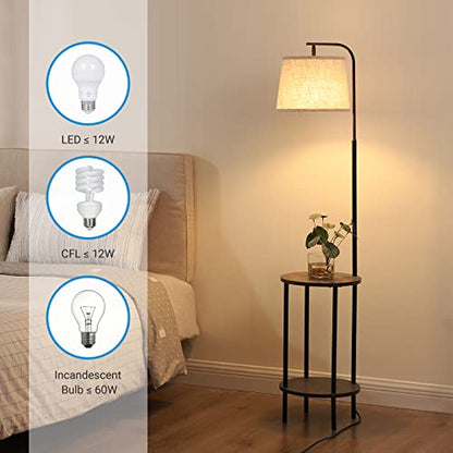DEWENWILS Floor Lamp with Table, Wooden Nightstand, Farmhouse | Linen Lampshade, 13.18", ON/OFF Foot Switch, 2-in-1 Design, Sturdy Shelf for Living Room, Bedroom, Office Decor