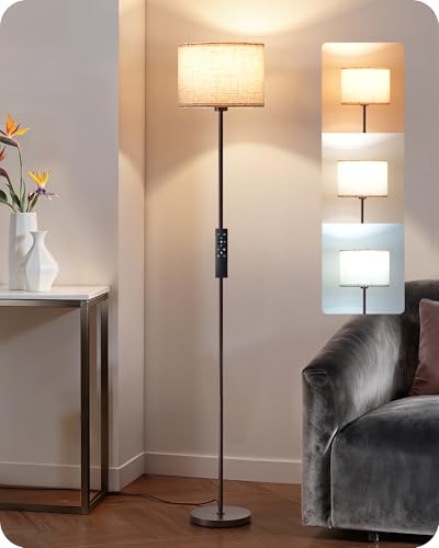 EDISHINE 2 Lampshades Modern Floor Lamps for Living Room Brown | Adjustable Brightness & Color Temperature, Remote Control & Foot Switch, LED A19 Bulb Included, Dimmable for Bedroom, Office - color: Brown