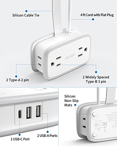 2 Pack Power Strip with USB C Ports, 4 Outlets 3 USB(1 USB-C), NTONPOWER Small Power Strip with 4ft Short Extension Cord Flat Plug, Compact Power Strip for Travel Hotel Cruise Essentials, White - size: 2 Pack 4 Outlets 1 USB-C 2 USB-A, style: 20W-White