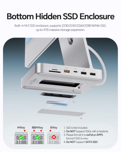 11-in-1 USB C Hub for iMac 24" 2021-2024 with M.2 NVMe 4TB SSD Enclosure | PULWTOP Aluminum iMac Hub with HDMI 4K@60Hz, 2.5G Ethernet, 5 USB A/C 10Gbps, SD/TF, Audio, iMac M4 Dock for M1/M3/M4, Silver - color: Silver