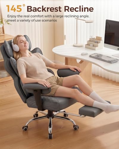 COMHOMA Big and Tall Office Chair Heavy Duty Gaming Chair with Deluxe Embossing Leather High Back Wider Ergonomic Computer Chair with Foot Rest 145°Reclining Pocket Spring Lumbar Support - color: Warm Gray
