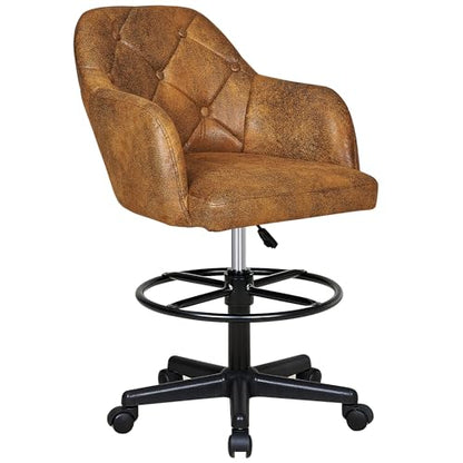 VECELO Drafting Chair with Low Back and Footrest Ring, Height Adjustable, Swivel Rolling Wheels, for Drawing/Standing Desk/Office, Linen Fabric，Brown