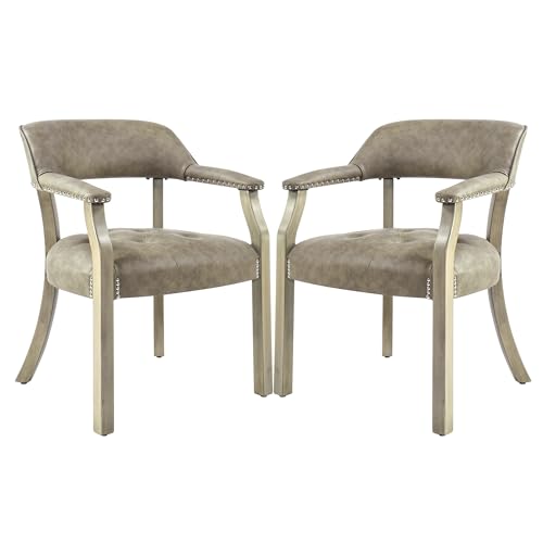 LEEMTORIG Set of 2 Faux Leather Dining Chairs with Arms, Dining Room Chairs with Supportive Back, Solid Wood Boss Caption's Chairs Office Desk Chairs, Game Poker Chairs, Soft Light Grey CY-NX173-UA - color: Soft Light Grey Pu, size: Set of 2