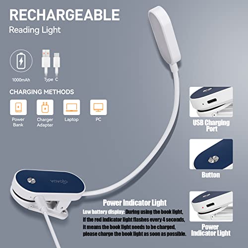 VAVOFO Rechargeable Book Light, 14 LEDs Eye Care Clip On Amber Reading Light for Bookworms Reading in Bed with 9 Colors 9 Brightness (White-Blue) - color: White-Blue