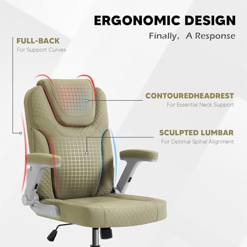 SEATZONE Green Office Chair Ergonomic Desk Chair with Lumbar Support, Flip-Up Arms, Adjustable Swivel Computer Chair with Wheels, PU Leather Executive Task Chair for Home Office Small Space - color: Green