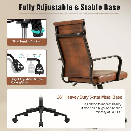 Okeysen Genuine Leather Office Desk Chair, Mid-Century Modern Real Leather Conference Room Chairs, Ergonomic Executive Ribbed Height Adjustable Swivel Rolling Chair for Home Office. - color: Genuine Brown
