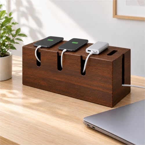 Large Wood Cable Management Box, Wooden Cord Hider Box for Power Strips, Walnut Finish Cable Organizer with 20 Reusable Ties for Desk, Floor & Home Office - color: Dark Brown