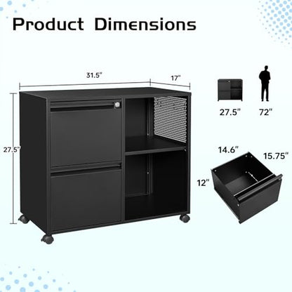 MIIIKO 2 Drawer File Cabinet with Lock, Metal Lateral Rolling Printer Stand Filing Cabinets with Drawers for Home Office,A4, Letter Size File Folders(Black) - color: Black, size: 2 Drawer-31.5"W -Mobile-a