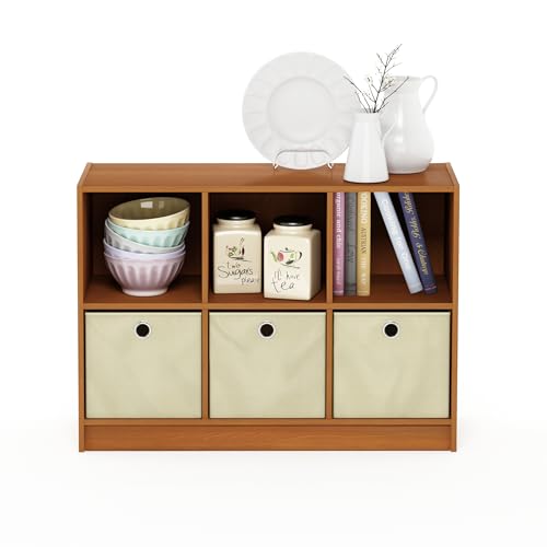 Furinno Basic 6-Cube Book Shelf with Open Shelf, 3 x 2, Light Cherry - color: Light Cherry/Ivory, size: 6-Cube with Bin