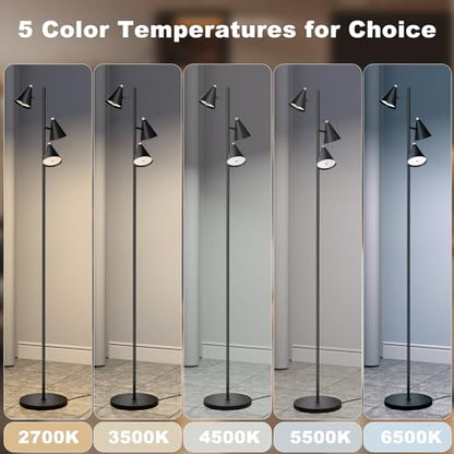 Black Floor Lamp for Office and Living Room, with 3 Rotatable LED Lights, Magnetic Remote, 5 Color Temp - color: Black