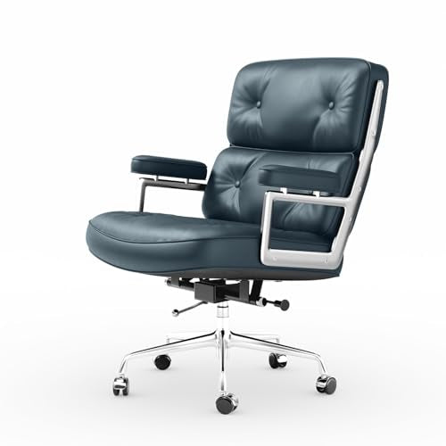 Genuine Leather Office Chair, Mid Back Executive Desk Chairs with Aluminum Arms and Wheels, Swivel Office Leather Chair with Thickened Backrest and Ergonomic Lumbar Support, Dark Blue - color: Dark Blue
