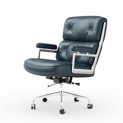 Genuine Leather Office Chair, Mid Back Executive Desk Chairs with Aluminum Arms and Wheels, Swivel Office Leather Chair with Thickened Backrest and Ergonomic Lumbar Support, Dark Blue - color: Dark Blue