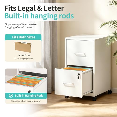 SAWJEC 2 Drawer Metal File Cabinet with Lock, White Mobile Filing Cabinet | 17.7"D x 15"W x 26.8"H, White Mobile Locking File Cabinet, Assembly Required, Fits Letter Hanging Files - color: White, size: 17.7"D x 15"W x 26.8"H