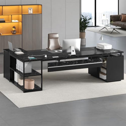 78" Executive Desk with Lockable File Cabinet, L Shaped Office Desk with Power Outlets, Large Executive Desk with Drawers and Storage Shelves, Reversible Computer Desk, Marble Grain - color: Marble Grain