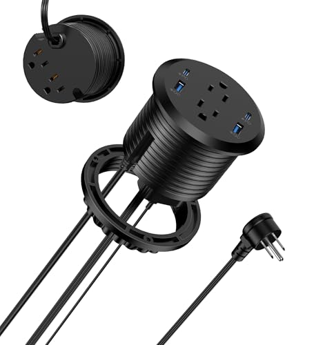 Jgstkcity Power Strip,Flush Mount Recessed Power Grommet,65W USB C Fast Charging,3-Inch Hole, 4 Outlets & 4 Ports, Ideal for Desktop & Countertop Outlet,Dual-Sided (Black, 6FT) - color: Black, size: 6FT