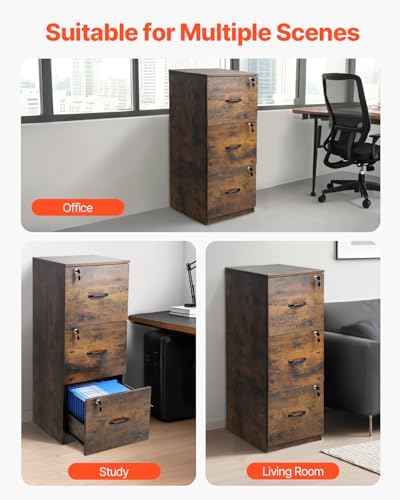 VEVOR 3 Drawer File Cabinet with Lock, Vertical Filing Storage Cabinets for Home Office, Heavy-Duty Locking Cabinet with 2-Level Adjustable Hanging Rod for A4/Letter/Legal Size File, Easy Assembly - style: 3 Drawers