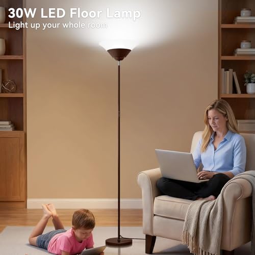 SIBRILLE Torchiere Floor Lamp, 72 Inch 30W LED Standing Lamp, 1800LM, Stepless Dimmable, 3000K-6500K, Remote and Button Control, Modern Pole Light for Living Room Bedroom Office, Brown - color: Brown