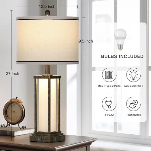 Cinkeda 27" Tall Vintage Table Lamp with USB C+A & Outlet,Bronze Industrial End Table Lamp for Living Room,Farmhouse Rustic Bedside Lamp with Frosted Glass Night Light for Bedroom Nightstand,Bronze-1P - color: Bronze-1P