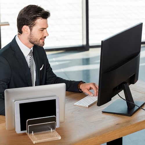 Chunful Adjustable Vertical Laptop Stand for Desk, Acrylic 4 Slot Laptop Holder Desktop, Invisible Desktop Notebook Dock for Notebook Computer, All Gaming Laptops up to 17'' - color: Clear, style: 4 Slot