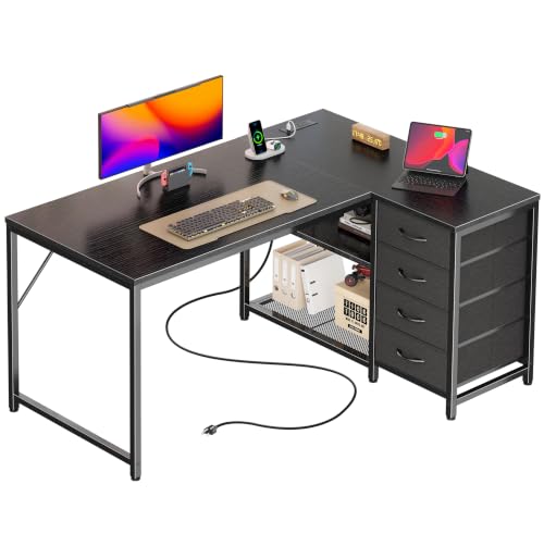 PRAISUN 43.3" Small L Shaped Desk with Power Outlets & 4 Drawers | Reversible Computer Desk with 2 Storage Shelves, Corner Office Desk for Gaming Writing Work Study, Black - color: Black, size: 43.3 Inch