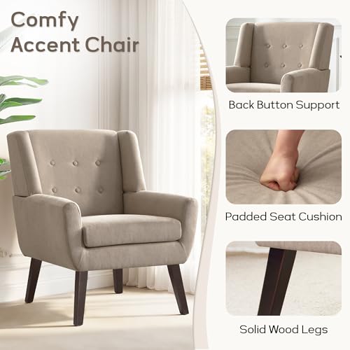 HUIMO Living Room Chairs Set of 2,Upholstered Button Linen Accent Chair | Mid Century Fabric Modern Armchair,Comfy Arm Club Sofa Chairs for Living Room Reading Bedroom,Waiting Room Khaki 2PCS - color: Khaki