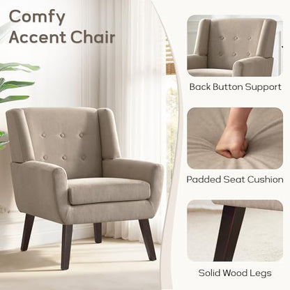 HUIMO Living Room Chairs Set of 2,Upholstered Button Linen Accent Chair | Mid Century Fabric Modern Armchair,Comfy Arm Club Sofa Chairs for Living Room Reading Bedroom,Waiting Room Khaki 2PCS - color: Khaki