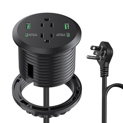 3 inch Desktop Power Grommet with PD 20W USB C,Furniture Recessed Power Strip,2 Outlets,4 USB Ports,40W Total,Flush-Mount for Desktop, Workspace Essential Desk Outlet (Black, 6 FT Cable) - color: Black