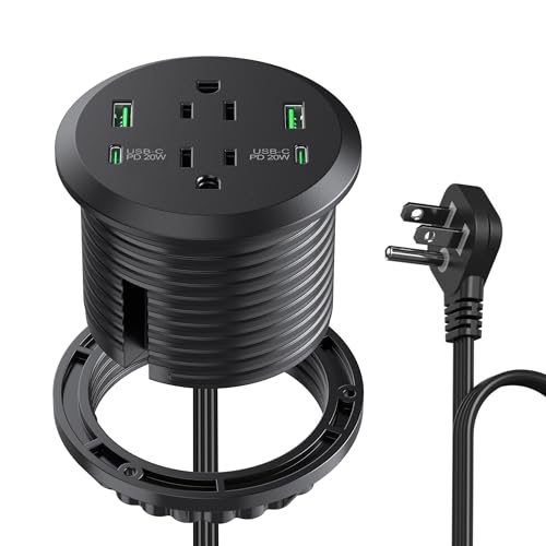 3 inch Desktop Power Grommet with PD 20W USB C,Furniture Recessed Power Strip,2 Outlets,4 USB Ports,40W Total,Flush-Mount for Desktop, Workspace Essential Desk Outlet (Black, 6 FT Cable) - color: Black