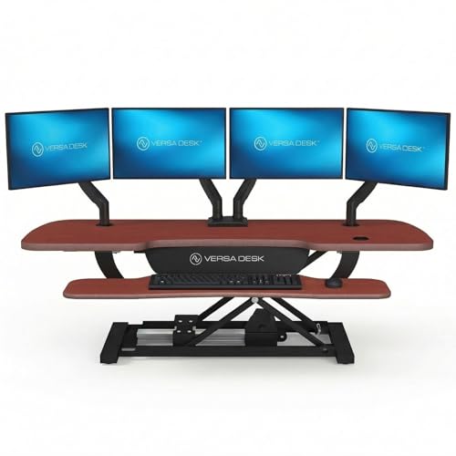 VERSADESK PowerPro 48 Inch Electric Standing Desk Converter – Push-Button Height Adjustable Sit to Stand Desk Riser for Multiple Monitors – Motorized Desktop Workstation with Wide Keyboard Tray - color: Cherry, size: 48" Wide
