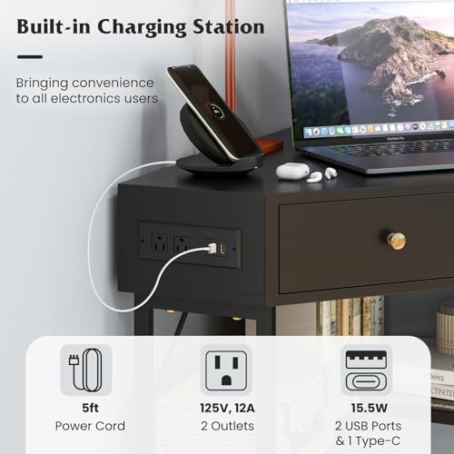 Tangkula Corner Desk with 2 Drawers & Built-in Charging Station, 90 Degrees Triangle Computer Desk for Small Space, Bedroom Makeup Vanity Desk with Storage Shelves, Corner Writing Desk