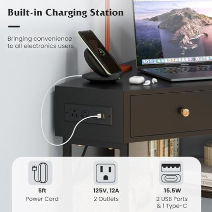 Tangkula Corner Desk with 2 Drawers & Built-in Charging Station, 90 Degrees Triangle Computer Desk for Small Space, Bedroom Makeup Vanity Desk with Storage Shelves, Corner Writing Desk