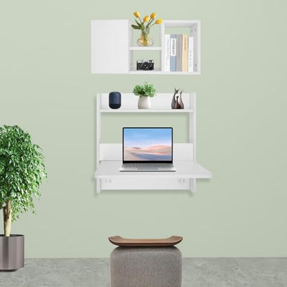 Floating Desk, 24" Wall Mounted Folding Desk with Bookshelf Folding Wall Desks Space Saving Workstation with Storage Shelves for Home Office Bedroom Study Room Small Space - color: White