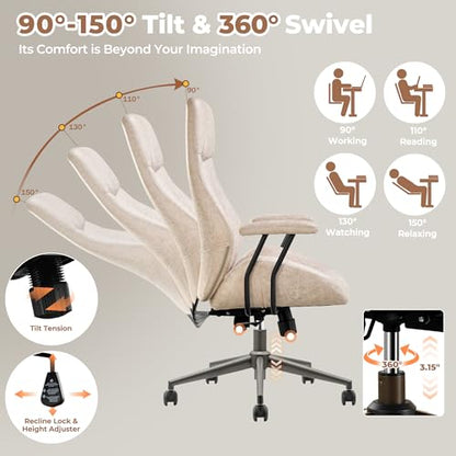 ovios Ergonomic Office Chair, High-Back Faux Suede Computer Executive Chair - color: Beige, size: High Back, Regular Cushion
