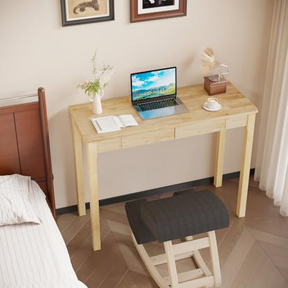 Solid Wooden Desk with Drawers - 39 x 16 Inch Rubberwood Narrow Desks, Simple Modern Study Table, Small Writing Desk for Bedroom|Small Spaces - Natural Boho Desks - color: Natural, size: 39.4 in W x 15.7 in D