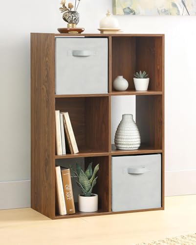 Whitmor 6 Cube Bookcase Storage Organizer, 3 Tier Stackable MDF Bookshelf, Open Storage Display Shelf, Storage Cabinet for Living Room, Bedroom, Home, Office, 23.9" L x 11.7" W x 35.5" H, Walnut - color: Walnut, size: 6 Cube, 3 Tier