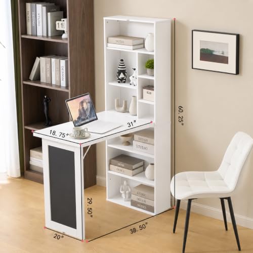 Wall Mount Foldable Writing Desk for Bedroom & Home Office (White) | Wall Desk, Wall Mount Foldable Desk with Bookshelf & Chalkboard, Space Saving Fold Down Floating Workstation - color: White