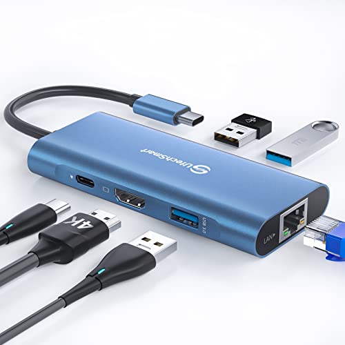 UtechSmart USB C Hub, Ethernet Multiport Adapter 6 in 1 USB C to HDMI Dock Compatible for MacBook Pro/Air, Chromebook, Dell XPS, HP and Type C Devices (Gigabit Ethernet 100W PD 4K HDMI USB 3.0) Blue - color: Blue