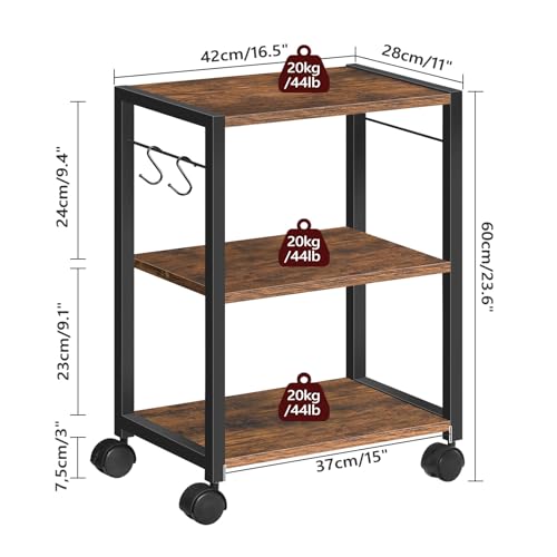 MAHANCRIS Printer Stand, 3-Tier Under Desk Rolling Cart with Storage Shelf, Heavy Duty Printer Table with Wheels for Home and Office, Printer Shelf with 2 Hooks, Small Spaces, Rustic Brown PTHR4001Z - color: Rustic Brown