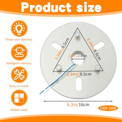 Ceiling Fan LED Light Replacement Disc 24W 6.3 in 120V 3CCT | Hardwired dimmable ceiling fan LED replacement panel with 3 CCT 3000K 4000K 5000K and anti-glare PC diffuser - size: 6.29 inch