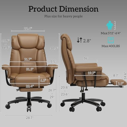 GYI 160 Reclining Office Chair with Footrest, Big & Tall Desk Chair, Brown | Cross Legged Seat, High Back, Faux Leather, Heavy Duty Base, Adjustable Height, for Home, Executive - color: Brown