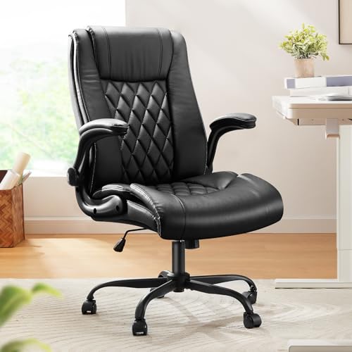 Marsail Executive Office Chair with Flip-up Armrests,PU Leather Ergonomic Desk Chair Height-Adjustable Swivel Rolling Computer Desk Chair,Black - color: Black