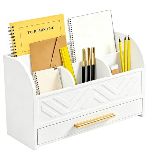 Charmewooden White Desktop Organizer with Drawer Storage, White Desk Organizer Mail Holder Mail Organizer Countertop Pen Holder Letter Sorter Make up Organizer for School Home Office Supplies - color: White