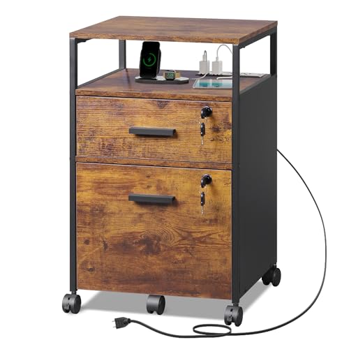 DEVAISE 2 Drawer File Cabinet with Lock, Charging Station, Brown | Adjustable Shelf, Rustic Wood Filing Cabinet, Mobile Printer Stand for A4/Letter Size Home Office - color: Rustic Brown, size: 2 Drawer