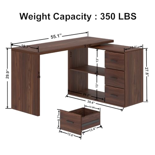 HSH Walnut L Shaped Desk Corner Desk with 3 Storage Drawers 55 inch | Reversible Home Office Corner Desk with 2 Open Side Shelves Modern Wood Executive L Desks for Bedroom,Study Workstation - color: Walnut, size: 55 Inch