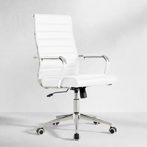 Okeysen White Office Desk Chair, Ergonomic Leather Modern Conference Room Chairs, Executive Ribbed Height Adjustable Swivel Rolling Chair for Home Office. - color: White