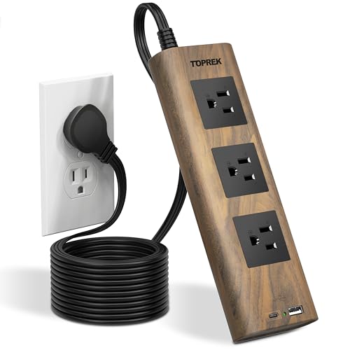 TOPREK Power Strip Surge Protector (1800J), 10 FT Flat Extension Cord with Ultra Thin Flat Plug, 3 Widely-Spaced Outlets with 1 USB-C & 1 USB-A, Wood Finish USB Charging Station for Home, Office, Dorm