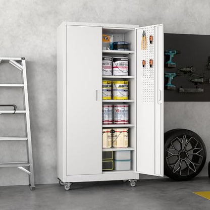 Aobabo Steel Garage Cabinet with Wheels, 71" H x 32" W x 16" D, White | 5 adjustable shelves, lockable doors, pegboard panel and 4 casters with 2 locking brakes; assembly required. - color: White, size: 16"D x 32"W x 71"H-0 Drawers