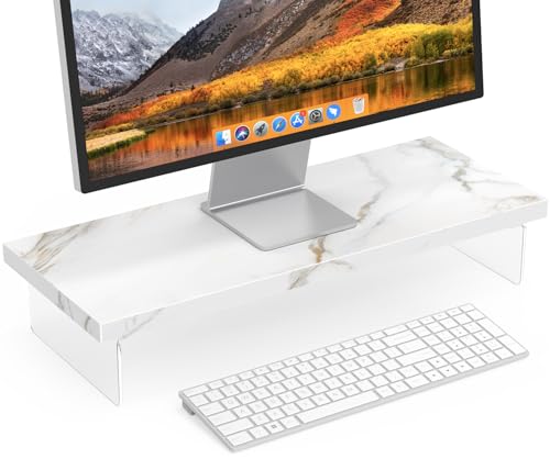 Monitor Stand Riser, 25x10 in Wood & Acrylic Computer Desk Organizer Shelf | Computer Monitor Stand With Wood & Acrylic Design; Works As Laptop Riser, Printer Stand, TV Screen Riser And Desk Organizer. - color: White-Sintered Stone, size: 25*10 Inch